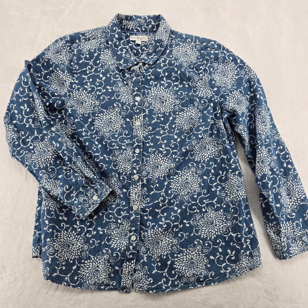 Kim Rogers Shirt Womens PXL Button Up Blue White Floral Cotton Long Slv Petite‎